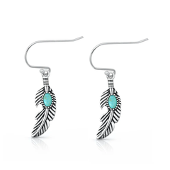 Sterling Silver Oxidized And Polished Genuine Turquoise Stone Feathers Earrings