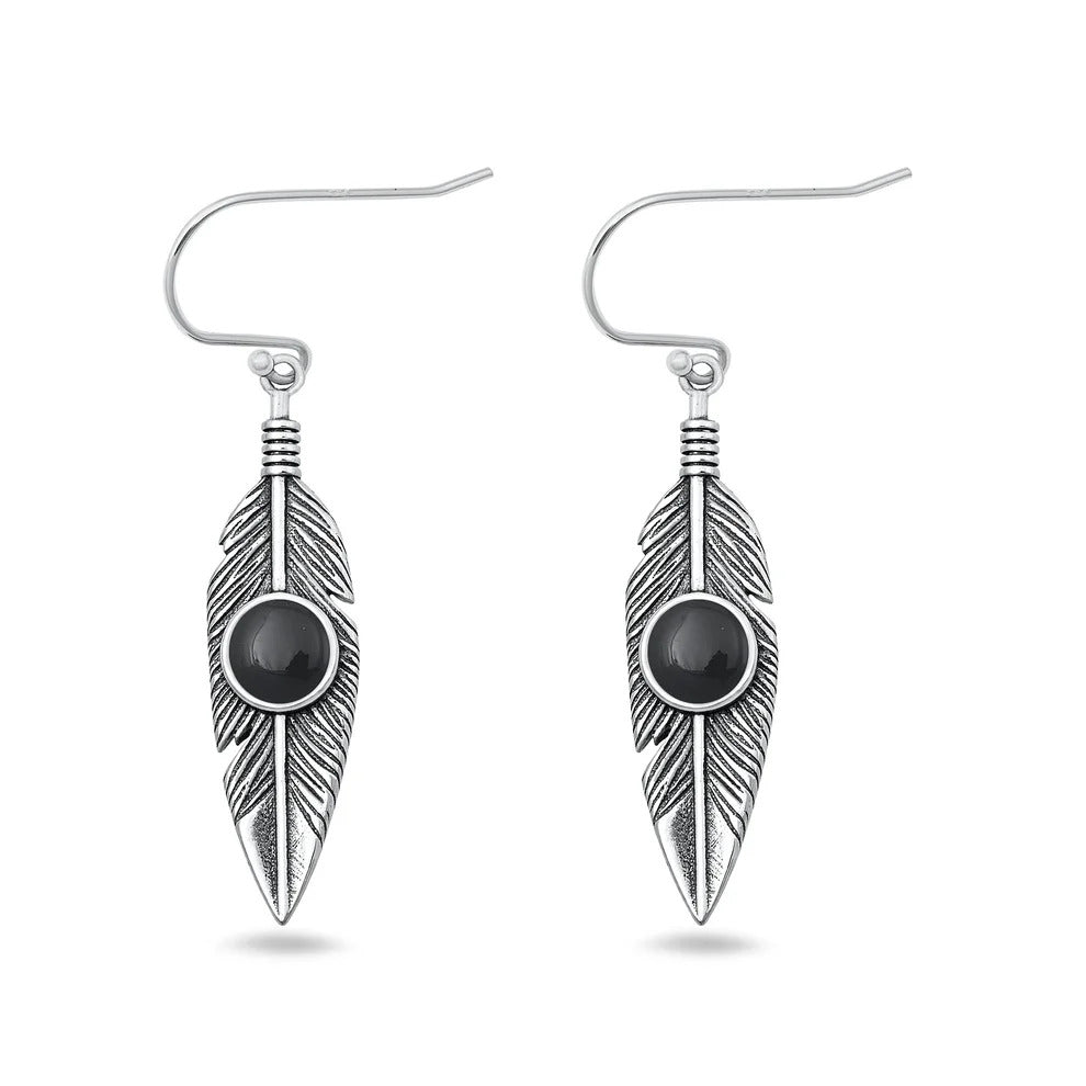 Sterling Silver Oxidized And Polished Feather Black Onyx Stone Earrings