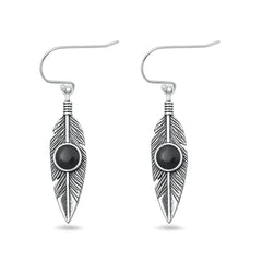 Sterling Silver Oxidized And Polished Feather Black Onyx Stone Earrings