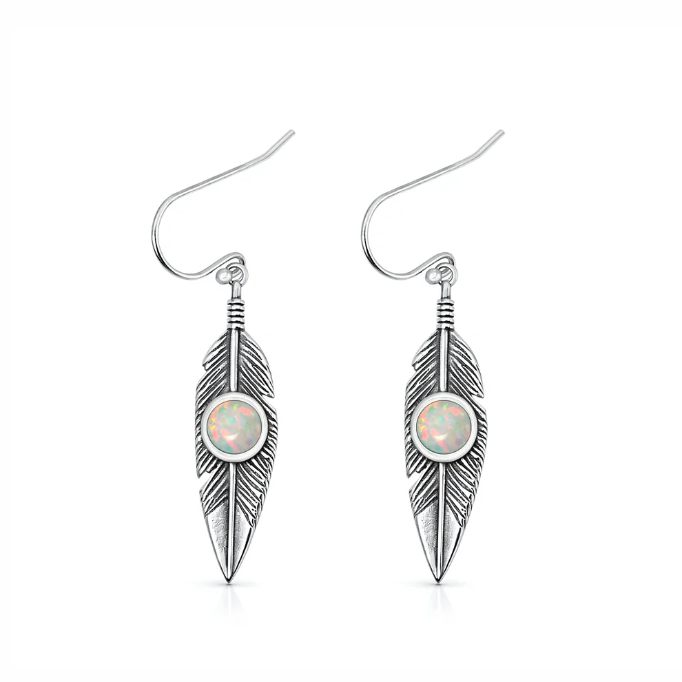 Sterling Silver Oxidized And Polished Feathers White Lab Opal Earrings