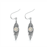 Sterling Silver Oxidized And Polished Feathers White Lab Opal Earrings