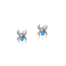 Load image into Gallery viewer, Sterling Silver Oxidized And Polished Spider Blue Lab Opal Earrings