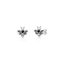 Load image into Gallery viewer, Sterling Silver Oxidized And Polished Bee Black Onyx Stone Earrings