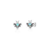 Load image into Gallery viewer, Sterling Silver Oxidized And Polished Bee Turquoise Stone Earrings