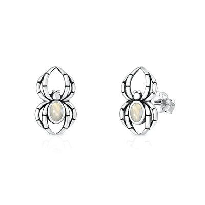 Sterling Silver Oxidized And Polished Moonstone Spider Earrings
