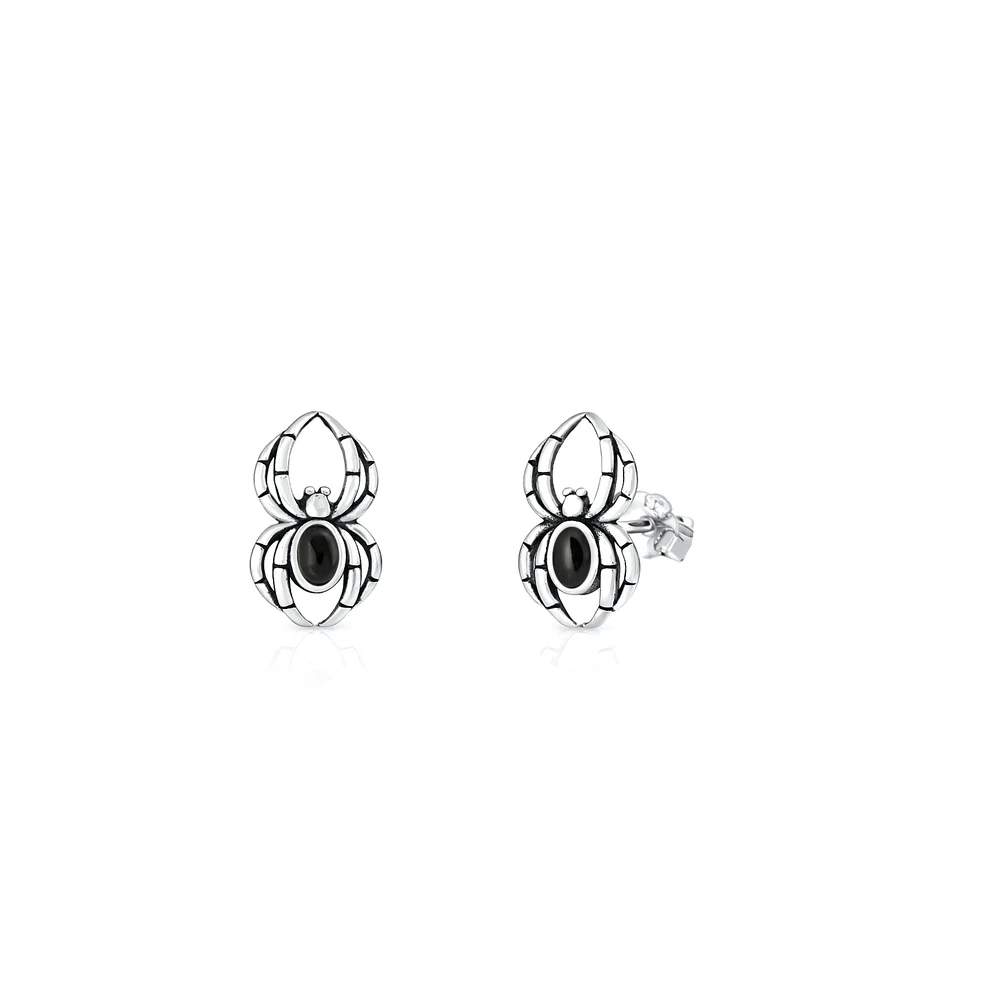 Sterling Silver Oxidized And Polished Spider Black Onyx Stone Earrings