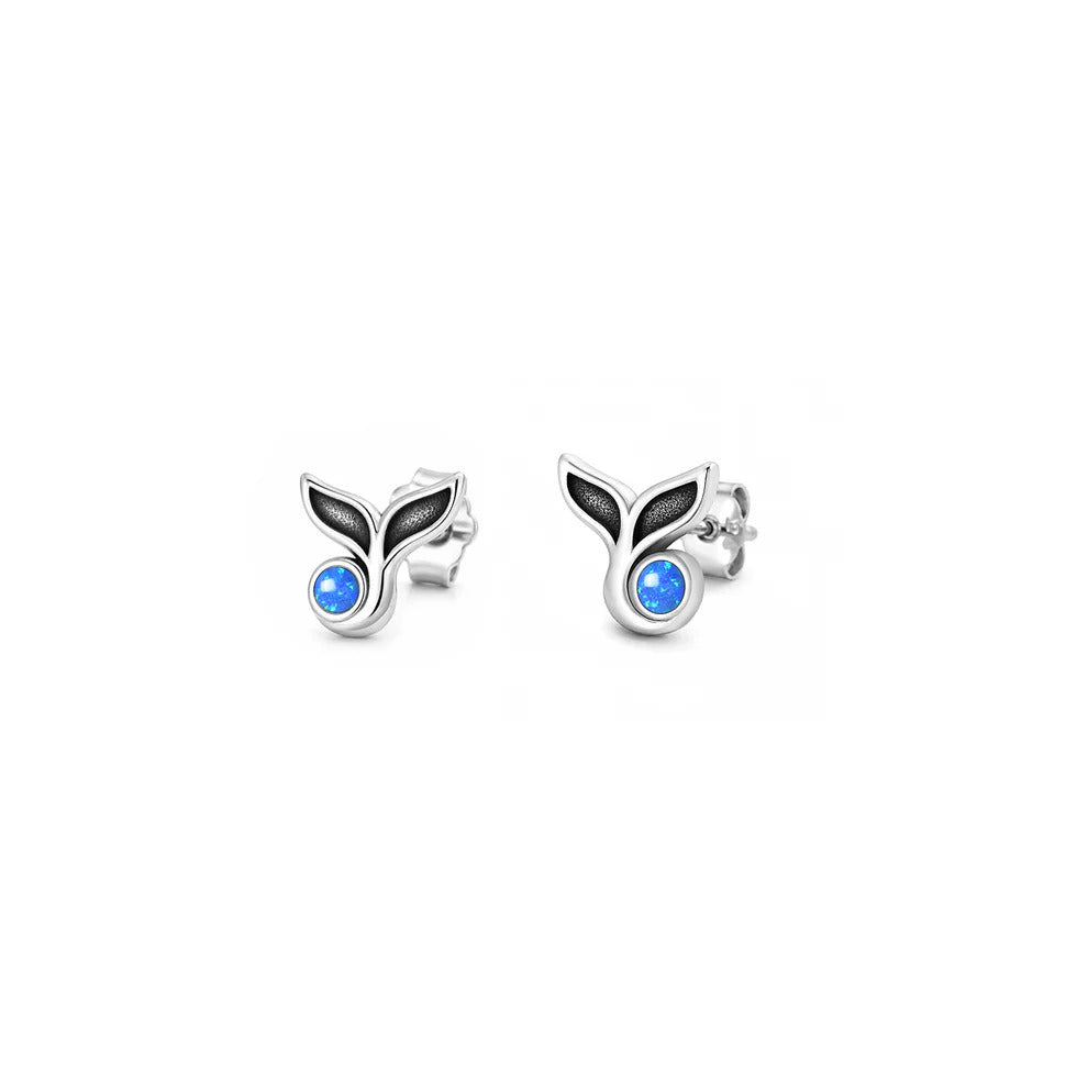 Sterling Silver Oxidized And Polished Whale Tail Blue Lab Opal Earrings
