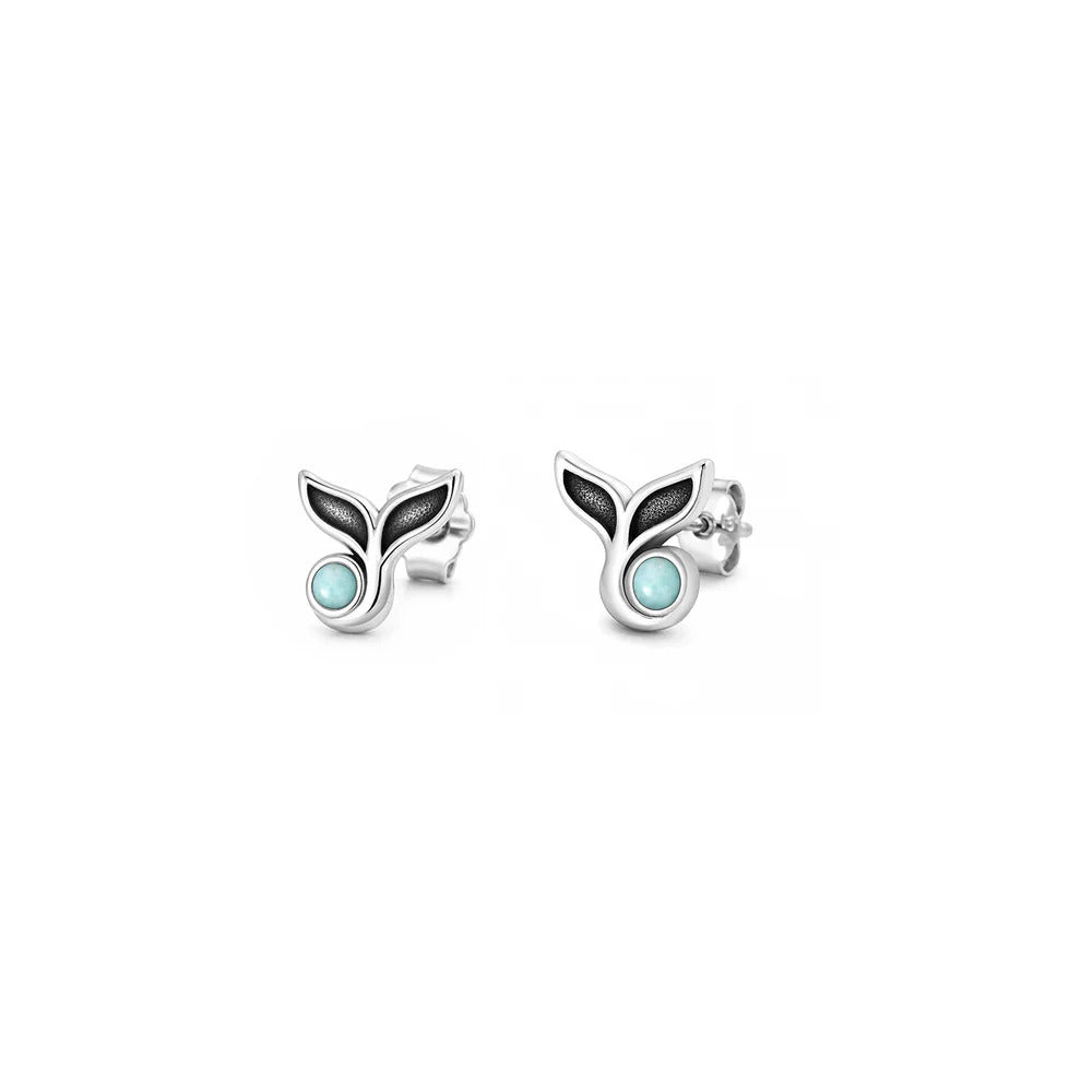 Sterling Silver Oxidized And Polished Whale Tail Larimar Stone Earrings