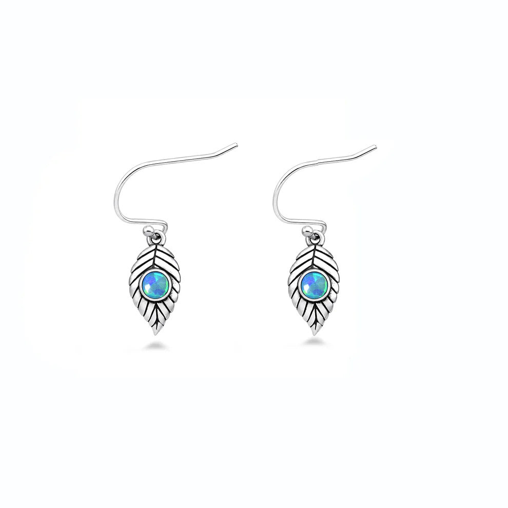 Sterling Silver Oxidized And Polished Leaf Blue Lab Opal Earrings