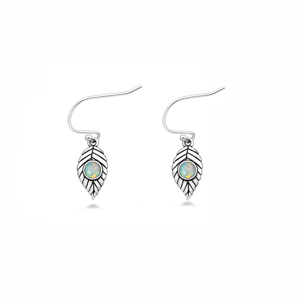 Sterling Silver Oxidized And Polished Leaf White Lab Opal Earrings