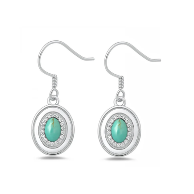 Sterling Silver Rhodium Plated Oval Drop Hook Genuine Turquoise And Clear CZ Stone Earrings