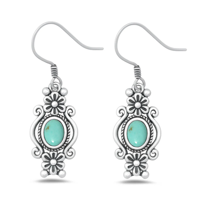 Sterling Silver Oxidized Flowers Genuine Turquoise Stone Earrings