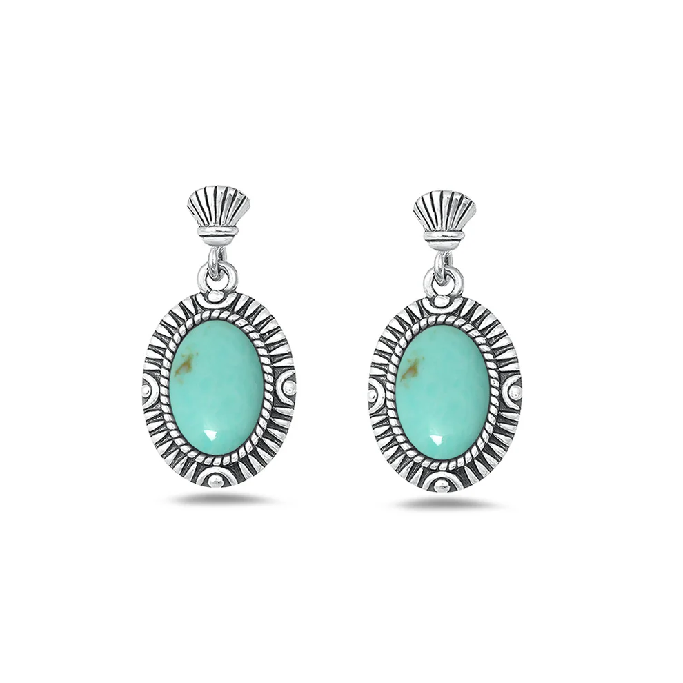 Sterling Silver Oxidized Bali Style Genuine Turquoise Stone Earrings
