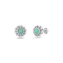 Load image into Gallery viewer, Sterling Silver Oxidized And Polished Swirl Sunburst Genuine Turquoise Stone Earrings