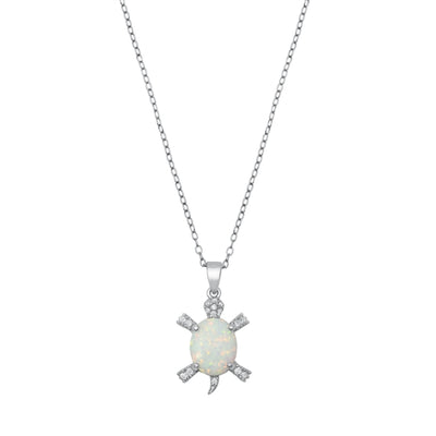 Sterling Silver Rhodium Plated Turtle White Lab Opal And Clear CZ Necklace