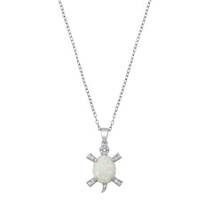 Sterling Silver Rhodium Plated Turtle White Lab Opal And Clear CZ Necklace