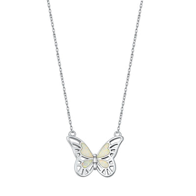 Sterling Silver Rhodium Plated Butterfly White Lab Opal Necklace