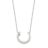 Sterling Silver Rhodium Plated Moon Phases White Lab Opal And Clear CZ Necklace