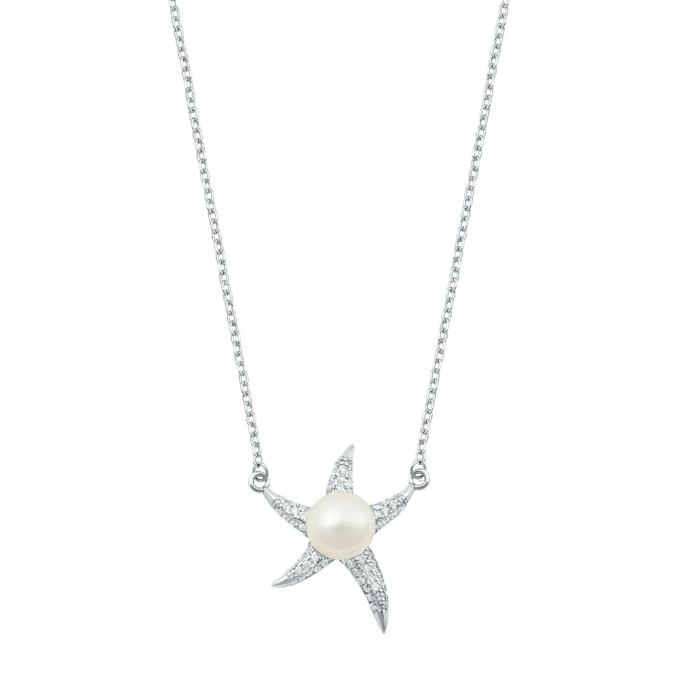 Sterling Silver Starfish And Pearl Clear CZ Necklace