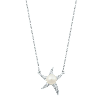 Sterling Silver Starfish And Pearl Clear CZ Necklace