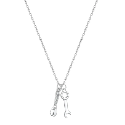 Sterling Silver Rhodium Plated Wrench And Spanner Tool Clear CZ Necklace
