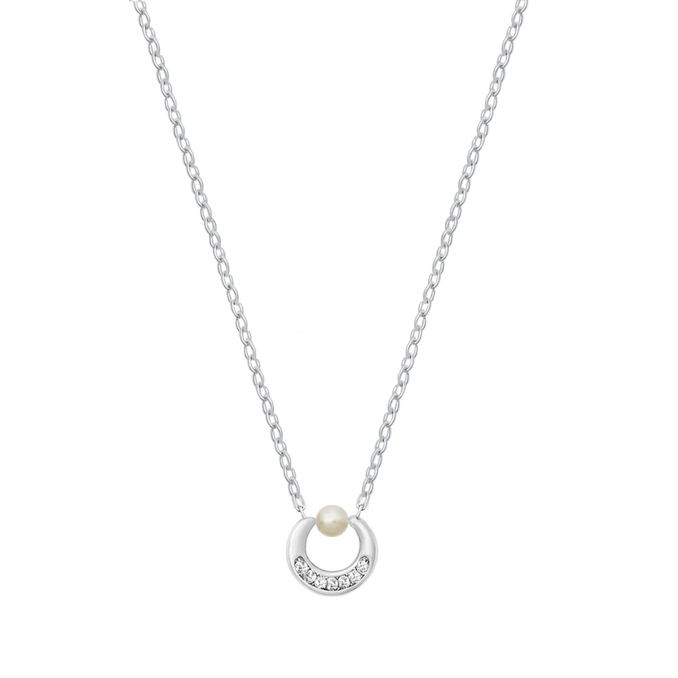 Sterling Silver Rhodium Plated Pearl Clear CZ Necklace