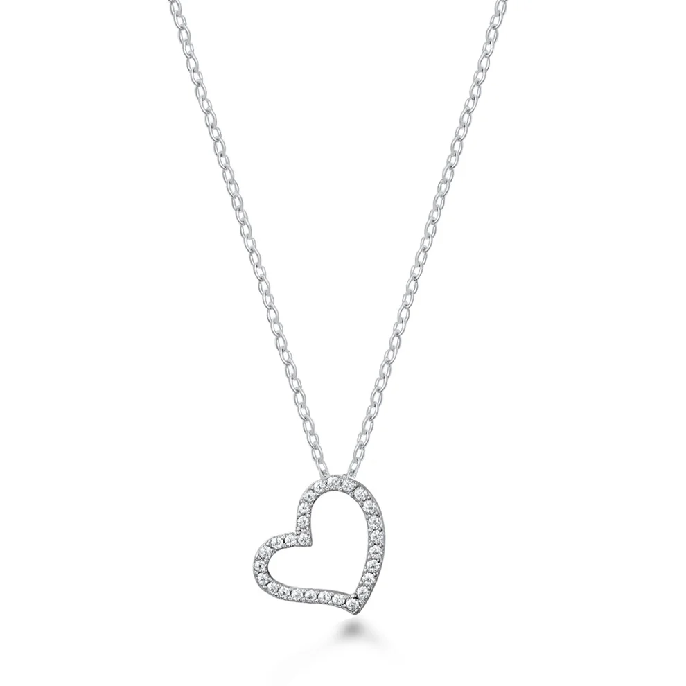 Sterling Silver Rhodium Plated Heart Clear CZ Necklace