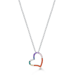 Sterling Silver Rhodium Plated Heart Multi Colored CZ Necklace