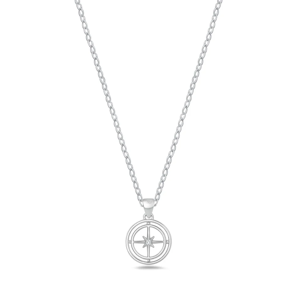 Sterling Silver Rhodium Plated Compass Clear CZ Necklace