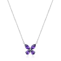 Sterling Silver Rhodium Plated Butterfly Amethyst CZ Necklace