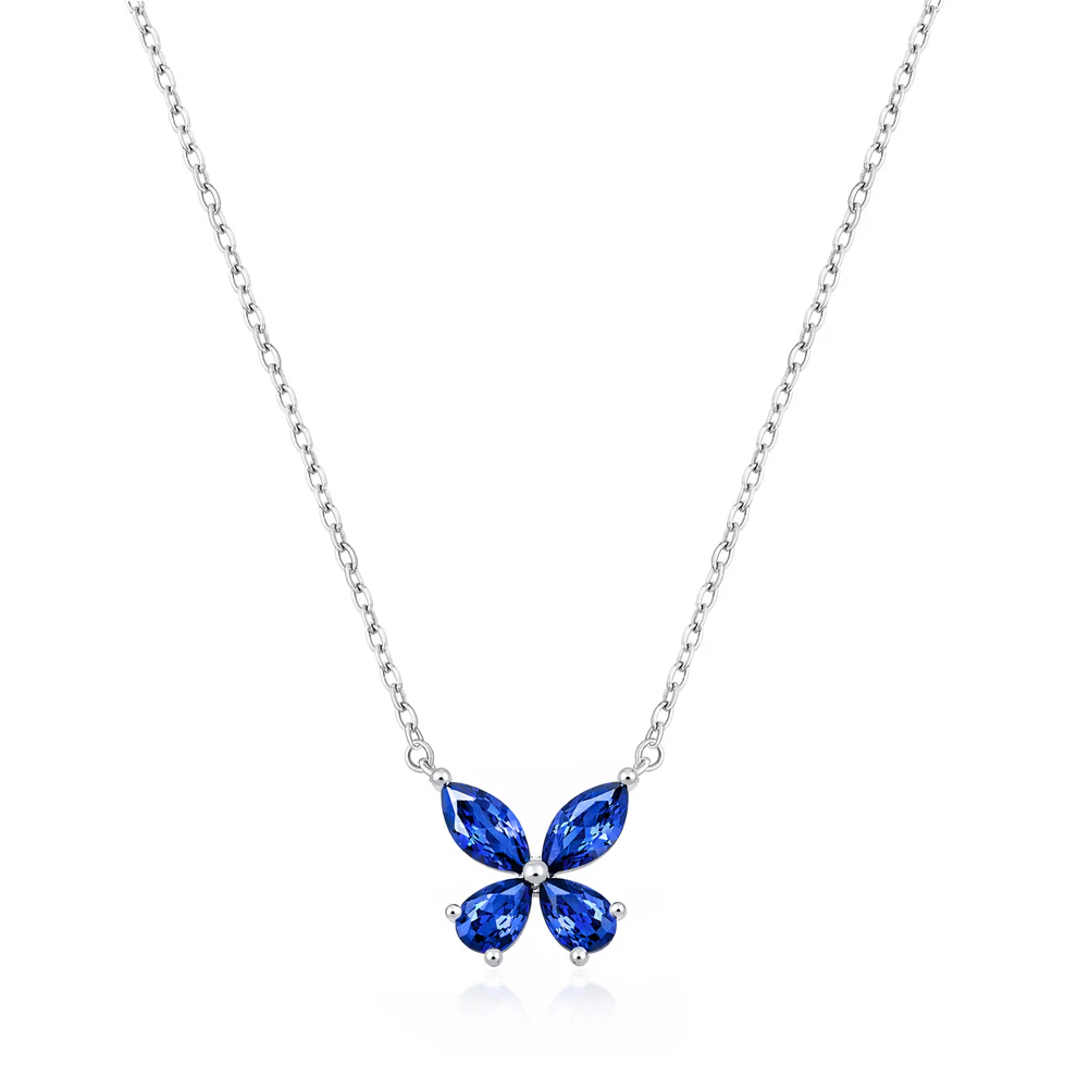 Sterling Silver Rhodium Plated Butterfly Blue Sapphire CZ Necklace