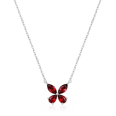 Sterling Silver Rhodium Plated Butterfly Garnet CZ Necklace