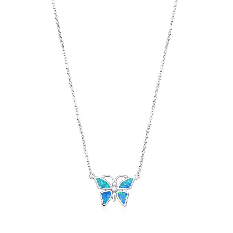 Sterling Silver Rhodium Plated Blue Lab Opal Butterfly Necklace
