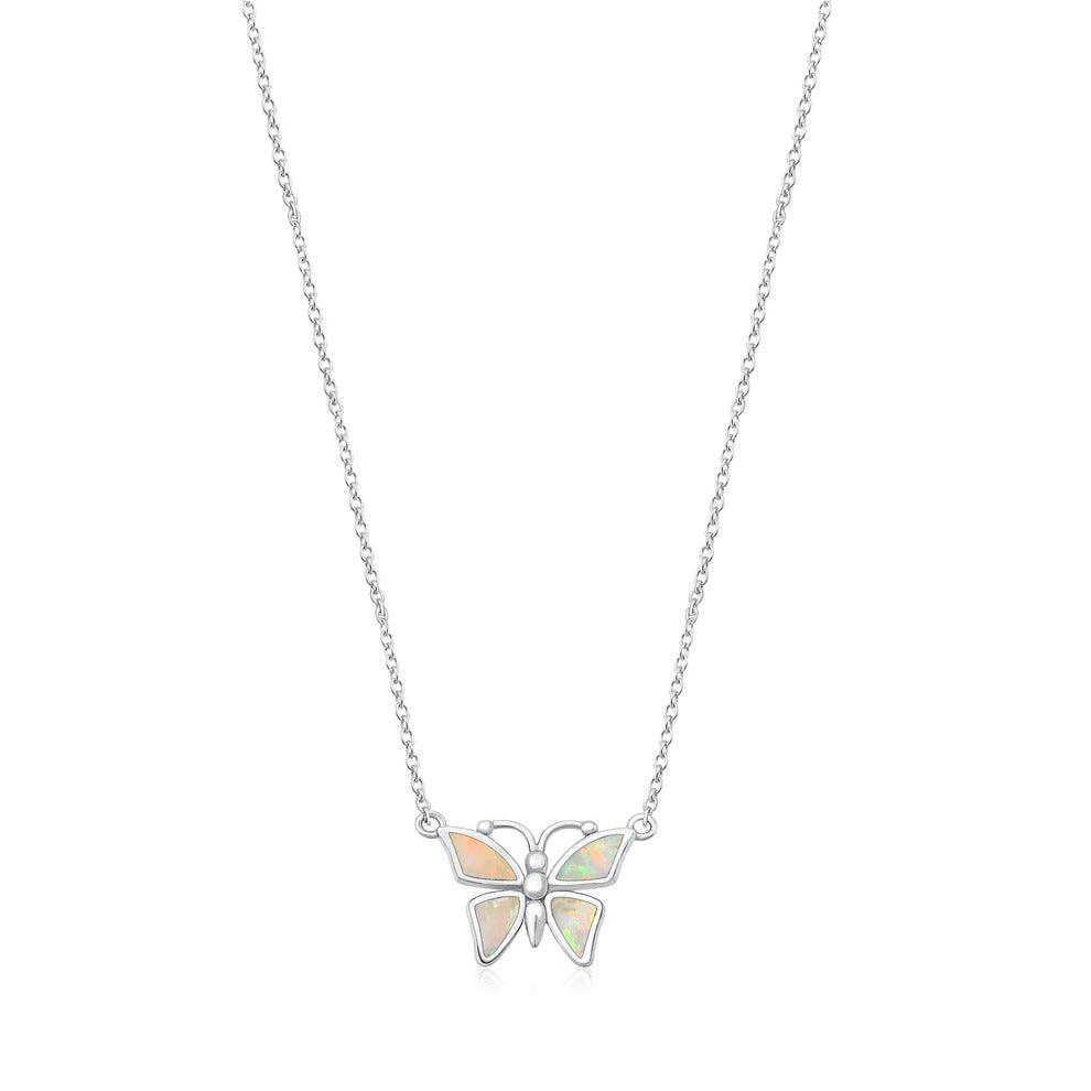 Sterling Silver Rhodium Plated White Lab Opal Butterfly Necklace