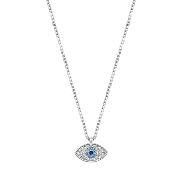 Sterling Silver Rhodium Plated Clear CZ and Blue CZ Evil Eye Necklace