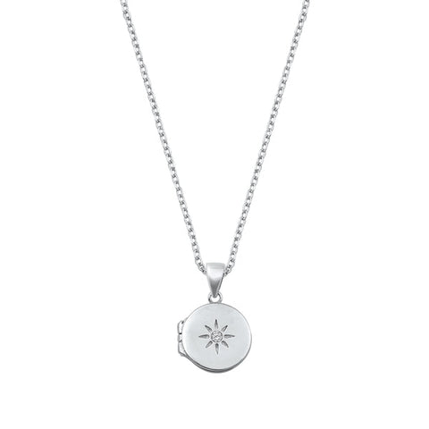 Sterling Silver Rhodium Plated Clear CZ Star Locket Necklace
