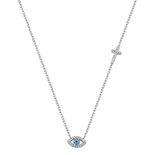 Load image into Gallery viewer, Sterling Silver Rhodium Plated Evil Eye And Cross CZ Necklace