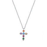 Sterling Silver Rhodium Plated Multi-Colored CZ Cross Necklace