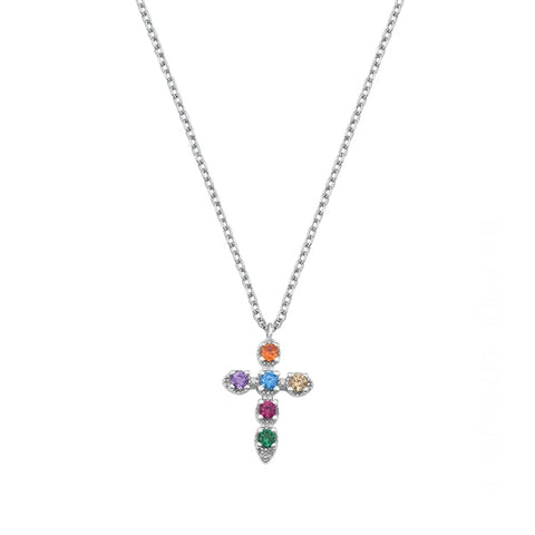 Sterling Silver Rhodium Plated Multi-Colored CZ Cross Necklace