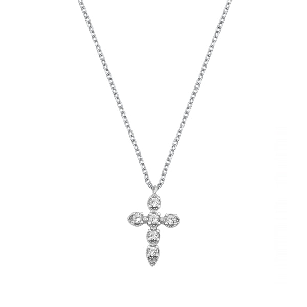 Sterling Silver Rhodium Plated Clear Round CZ Cross Necklace