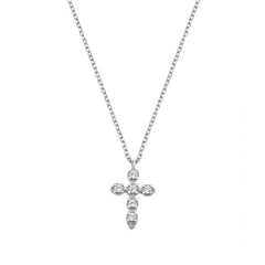 Sterling Silver Rhodium Plated Clear Round CZ Cross Necklace