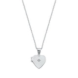 Sterling Silver Rhodium Plated Clear CZ Heart Locket Necklace
