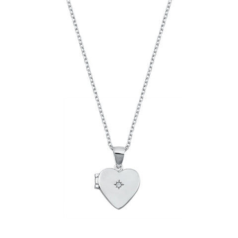 Sterling Silver Rhodium Plated Clear CZ Heart Locket Necklace