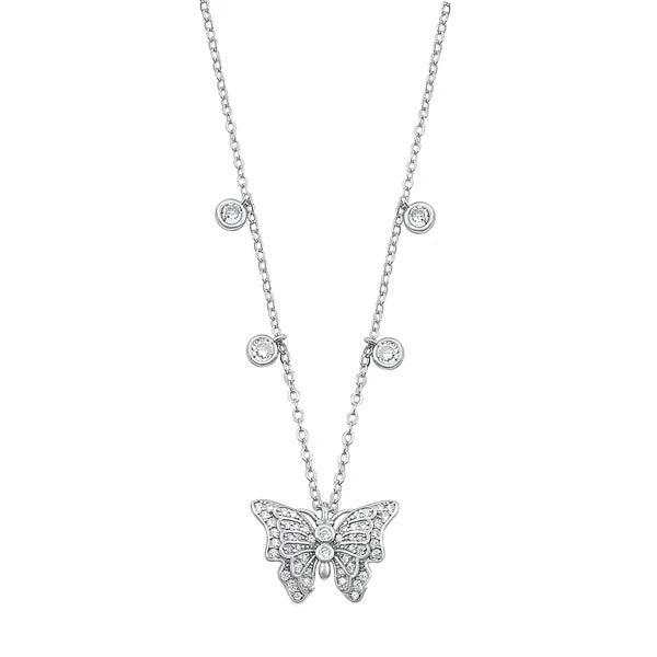Sterling Silver Rhodium Plated Clear CZ 11.8mm Butterfly Necklace