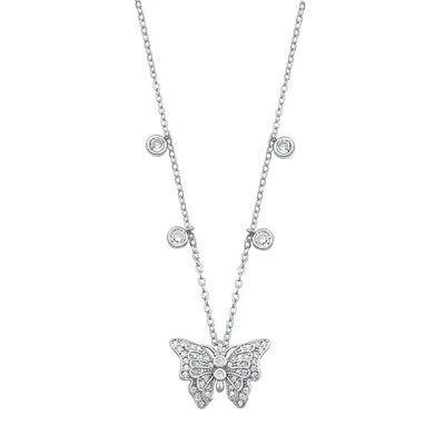 Sterling Silver Rhodium Plated Clear CZ 11.8mm Butterfly Necklace