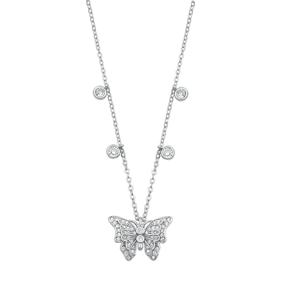 Sterling Silver Rhodium Plated Butterfly Clear CZ Necklace