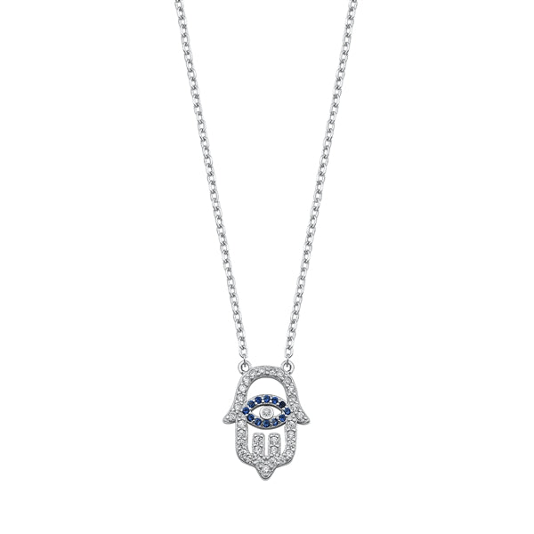 Sterling Silver Rhodium Plated Blue and Clear CZ Hamsa Necklace