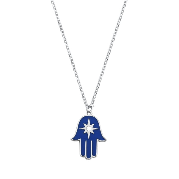 Sterling Silver Rhodium Plated Clear CZ Hamsa and Star Necklace