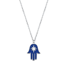 Load image into Gallery viewer, Sterling Silver Rhodium Plated Clear CZ Hamsa and Star Necklace