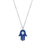 Sterling Silver Rhodium Plated Clear CZ Hamsa and Star Necklace